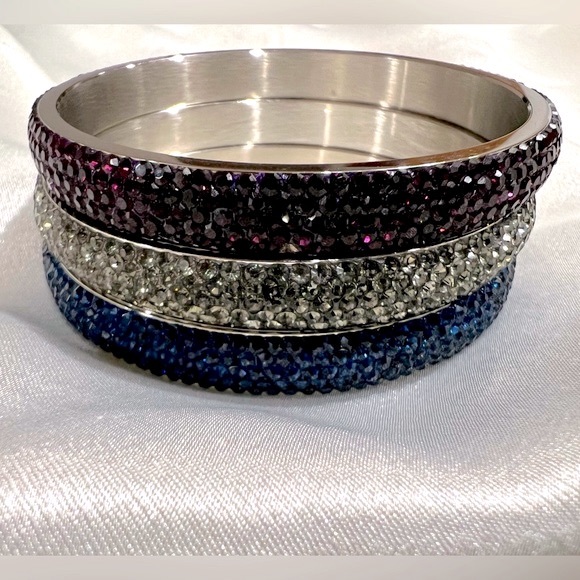 Set of 3 pave crystal stainless steel bangle cuff bracelets - Picture 2 of 13